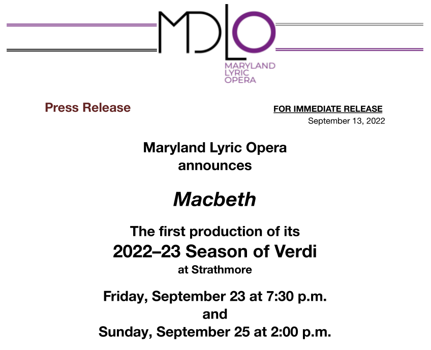 MDLO Announces Macbeth September 23 and 25 at Strathmore