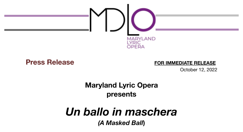 MDLO Announces Un Ballo in Maschera Nov 11, 13 at The Strathmore