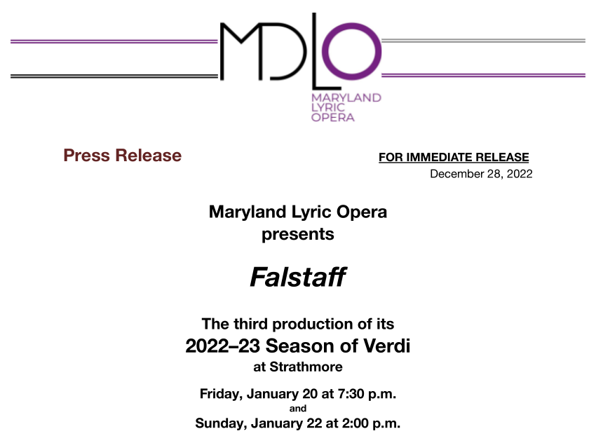 MDLO Announces Falstaff Jan 20, 22 at The Strathmore